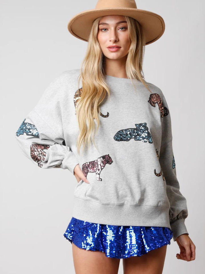 Sequined Animal Loose Fit Long Sleeve Sweatshirt