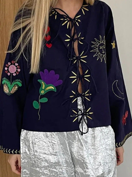 Street Style Embroidered Drawstring Collar Shirt Jacket