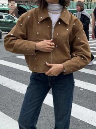 Retro Brown Faux Suede Collared Jacket with Studded Detailing