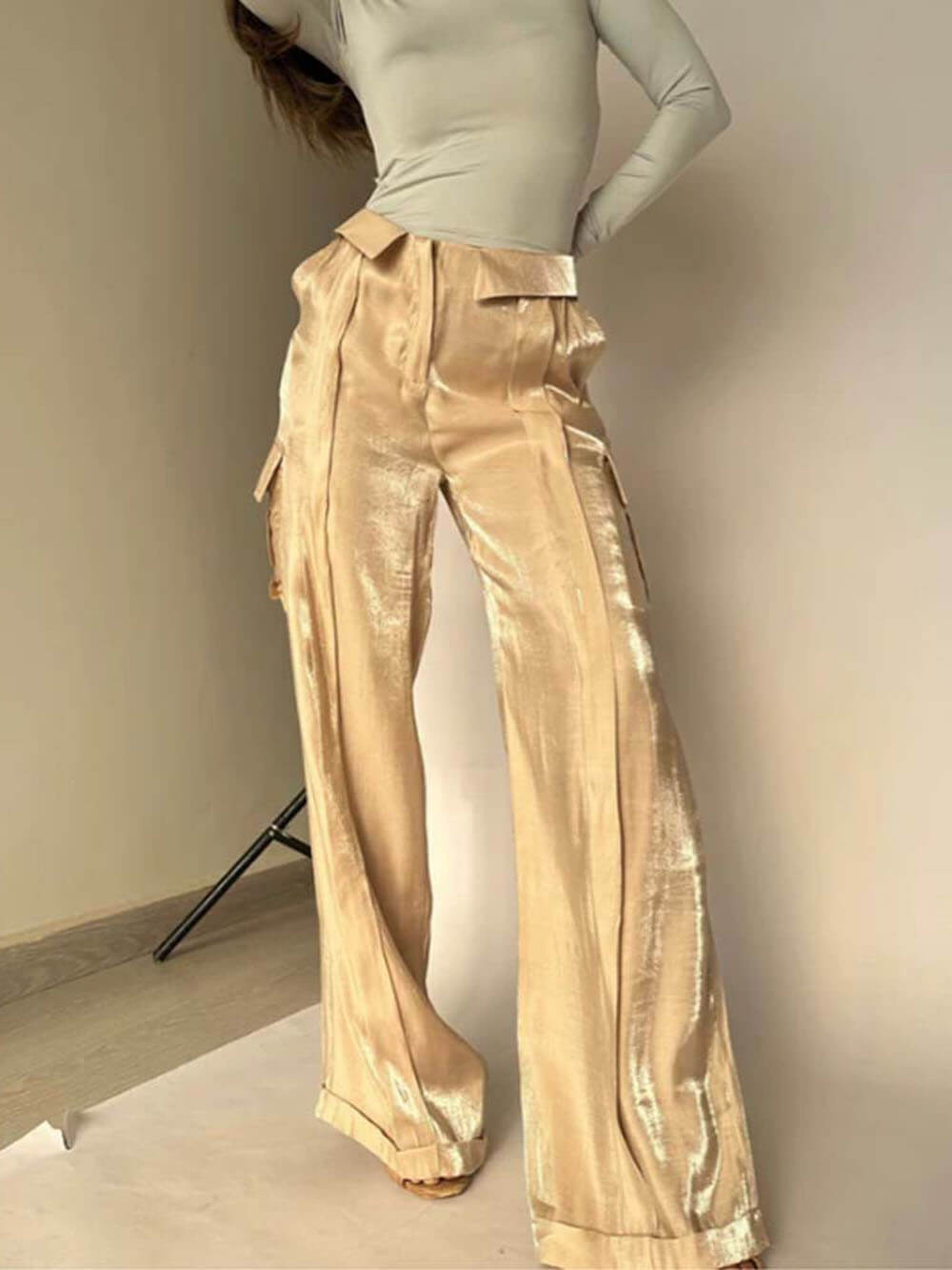 Golden Years Glitter Fabric Drawstring Waist Pocketed Wide Leg Pants