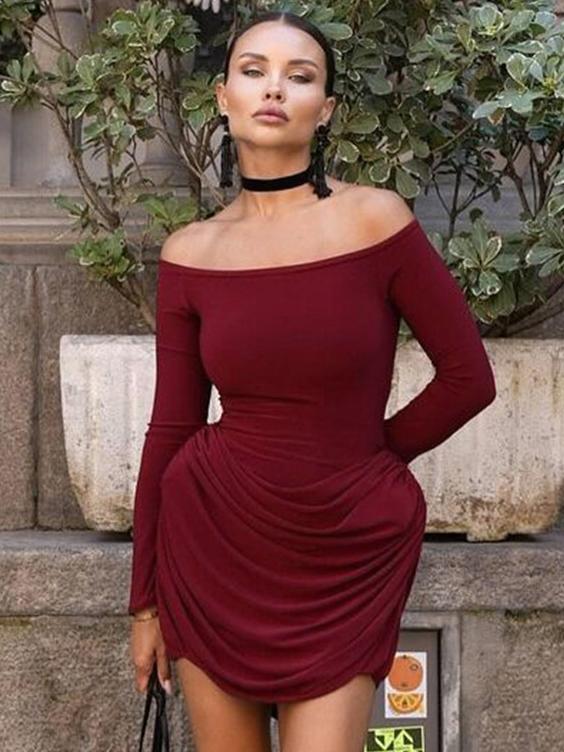 Off-Shoulder Long Sleeve Pleated Waist Mini Dress