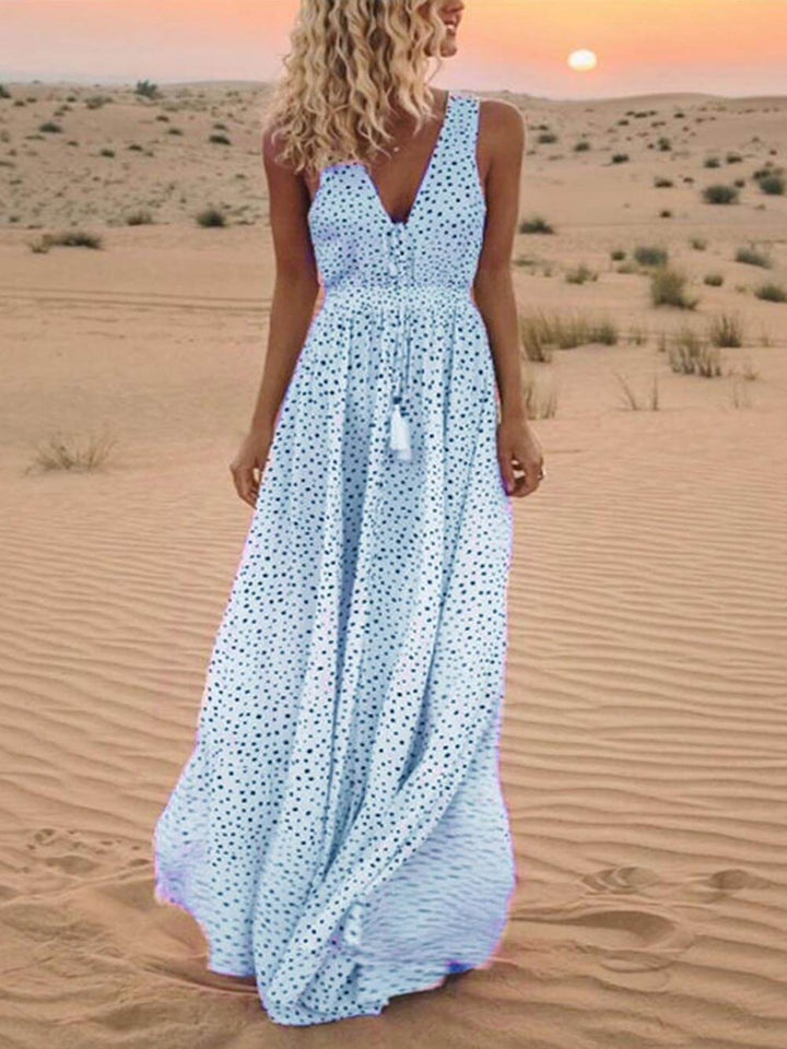 Bohemian V-Neck Sleeveless Polka-Dot Maxi Dress