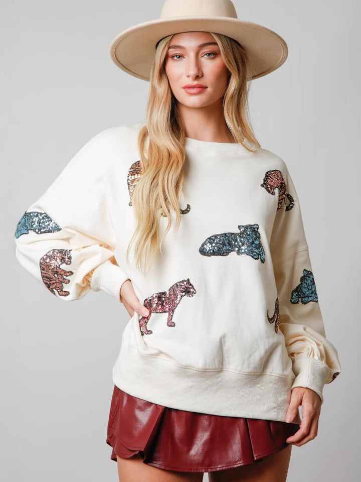 Sequined Animal Loose Fit Long Sleeve Sweatshirt