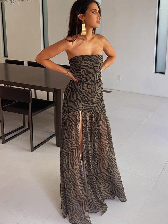 Strapless Leopard Print High Slit Mesh Panel Dress