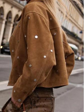 Retro Brown Faux Suede Collared Jacket with Studded Detailing