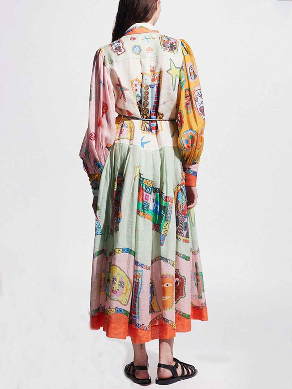 Unique Print Colorblock Balloon Sleeve Belt Shirt Midi Dress