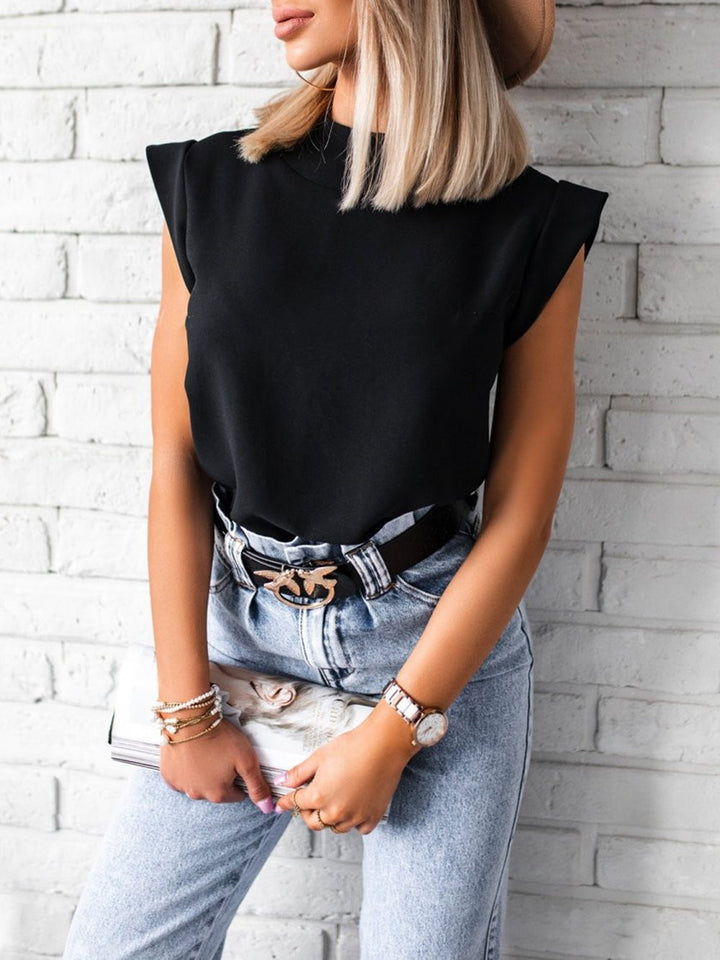 Textured Mock-Neck Cap-Sleeve Top