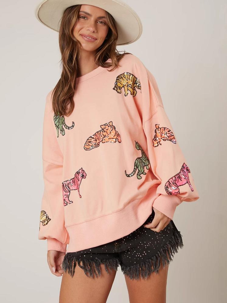 Sequined Animal Loose Fit Long Sleeve Sweatshirt