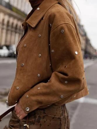 Retro Brown Faux Suede Collared Jacket with Studded Detailing