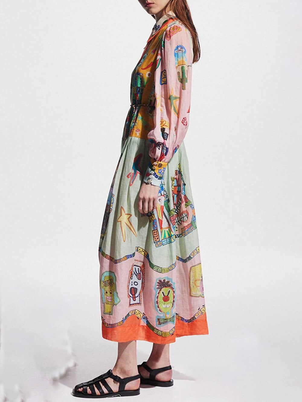 Unique Print Colorblock Balloon Sleeve Belt Shirt Midi Dress