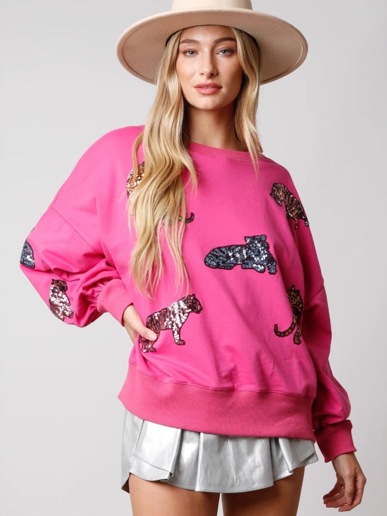 Sequined Animal Loose Fit Long Sleeve Sweatshirt