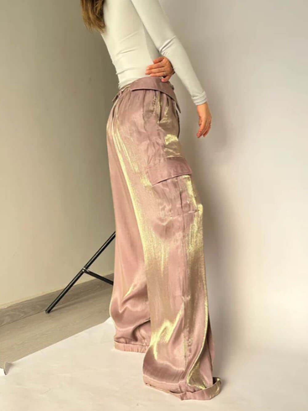 Golden Years Glitter Fabric Drawstring Waist Pocketed Wide Leg Pants