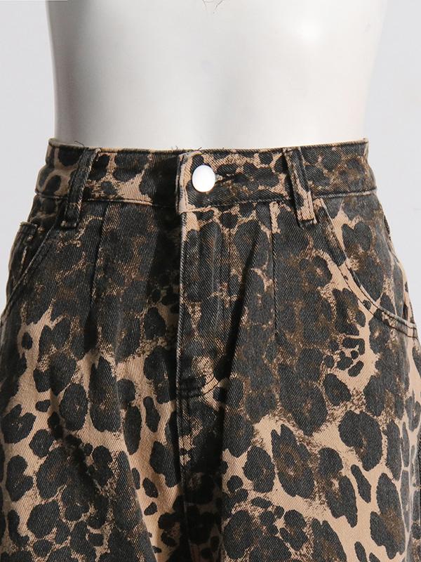 Vintage Leopard Print High Waist Straight Leg Ripped Jeans