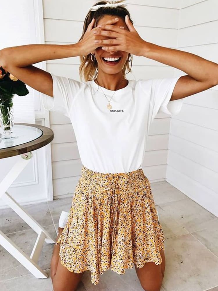 Yellow Floral Withdraw Mini Skirt