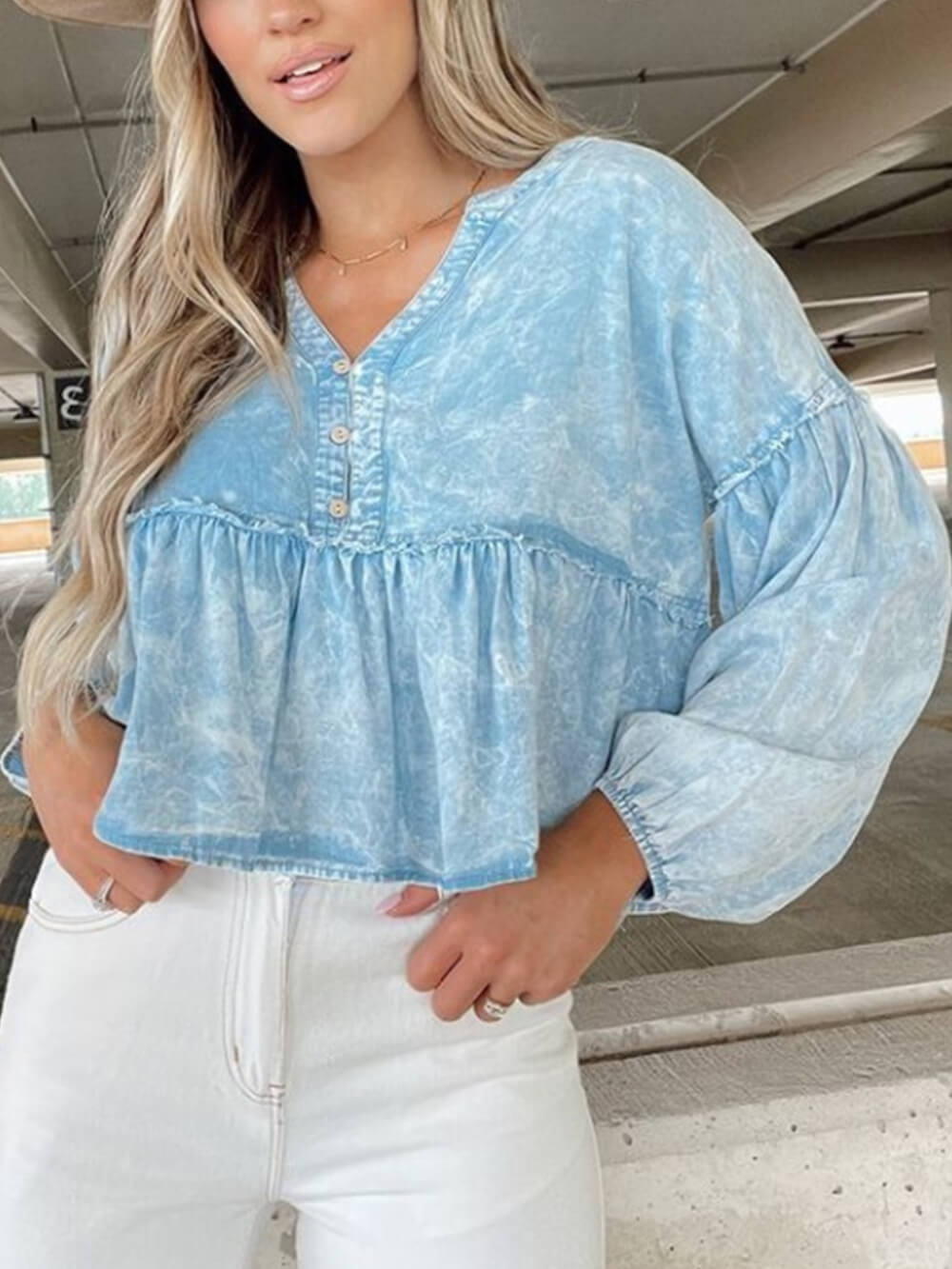 Washed Denim Peplum Baby Doll Top