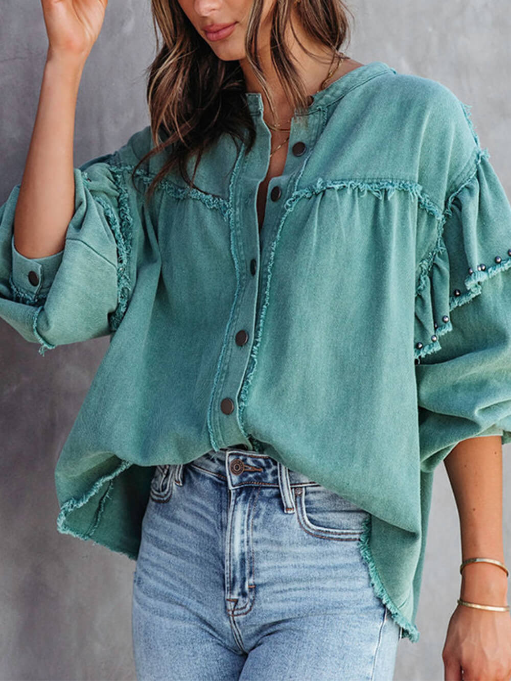 Lantern Sleeve Nail Bead Ruffled Denim Jacket Coat