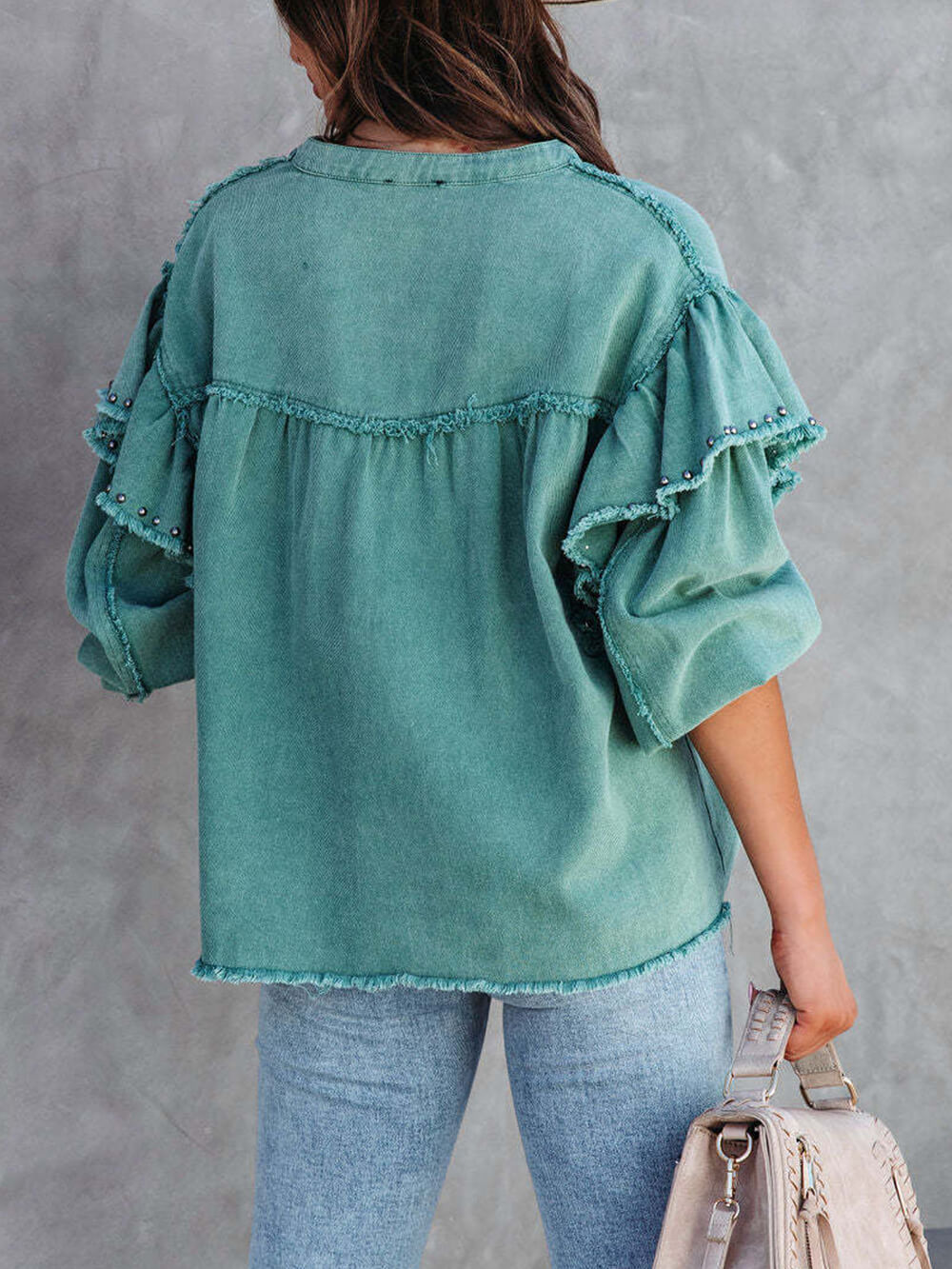 Lantern Sleeve Nail Bead Ruffled Denim Jacket Coat