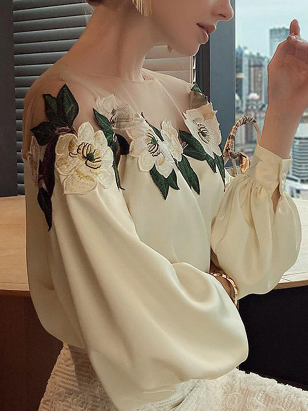 Mesh-Paneled Satin-Embroidered Long-Sleeved Shirt