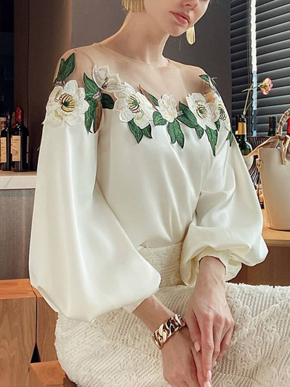 Mesh-Paneled Satin-Embroidered Long-Sleeved Shirt