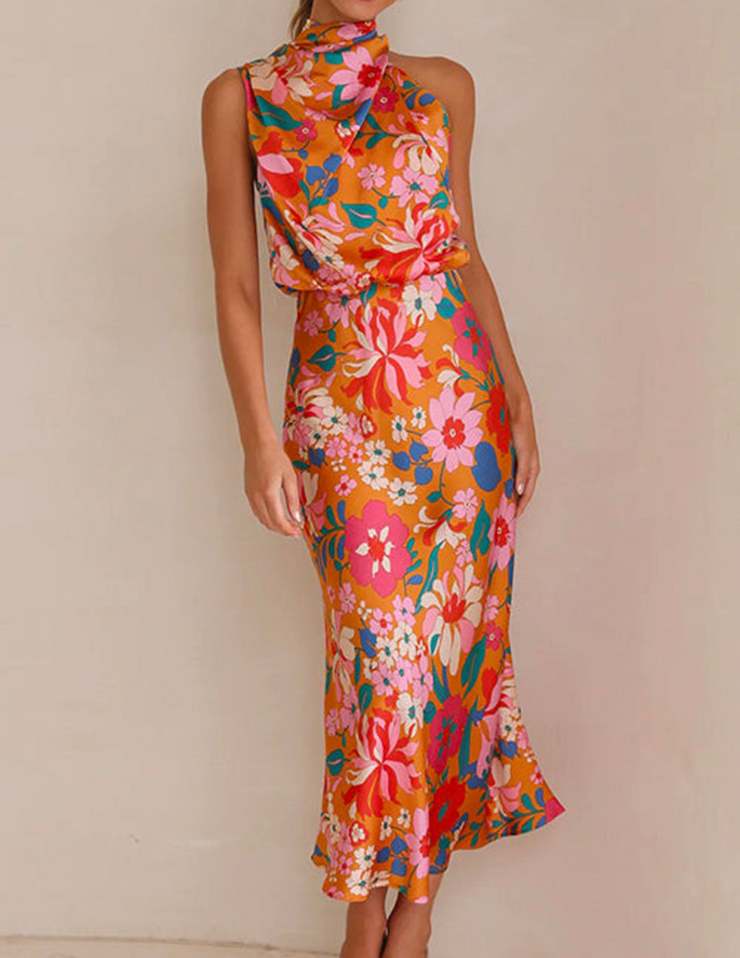 Floral Halter Neck Elastic Waist Maxi Dress