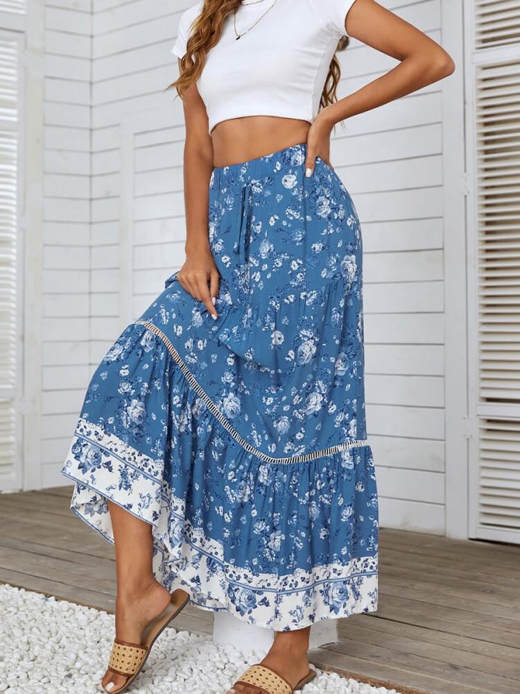 High Waist Eyelet Detail Skirt In Blue