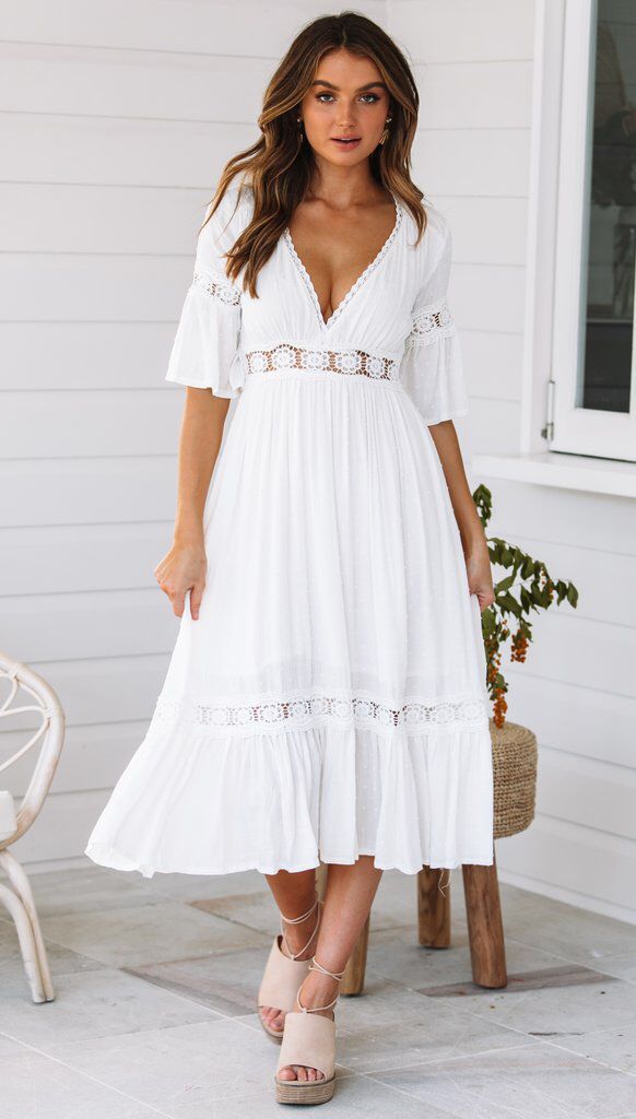 White V Neck Ruffle Hem Lace Dress