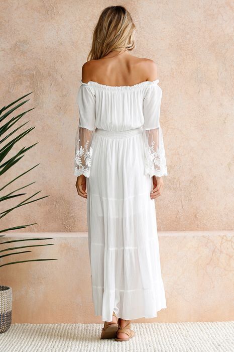 Shoulder Maxi Dress: Embroidered Off Lace Flared Sleeve