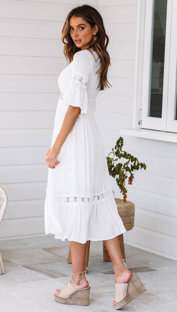 White V Neck Ruffle Hem Lace Dress