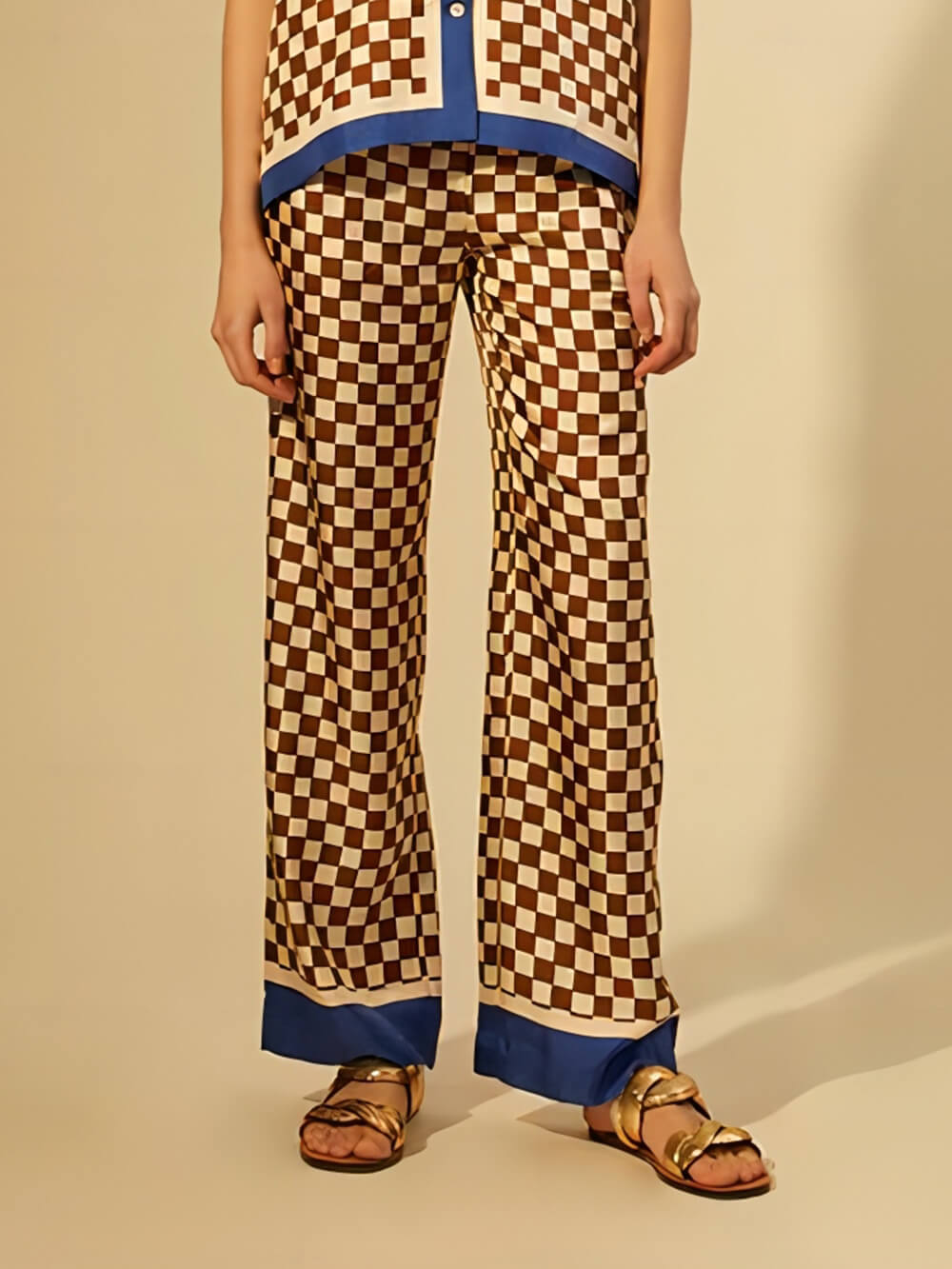 Unique Checkerboard Print Blue Stripe Splicing Loose Elastic Pants-Set