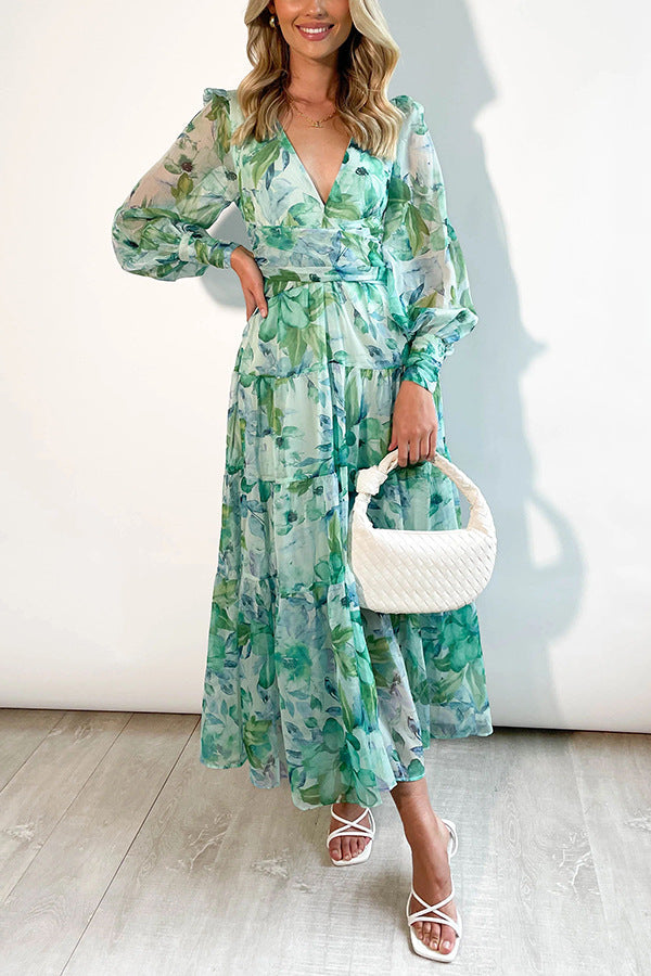 Painted Inspiration Floral Balloon Sleeves Maxi Dress