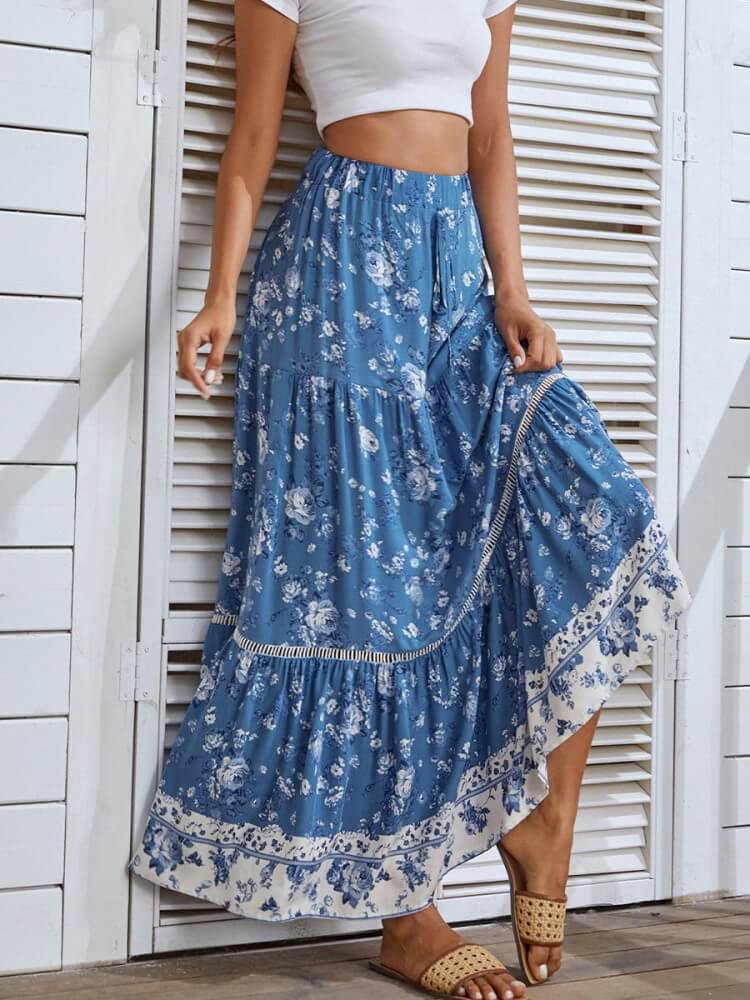 High Waist Eyelet Detail Skirt In Blue