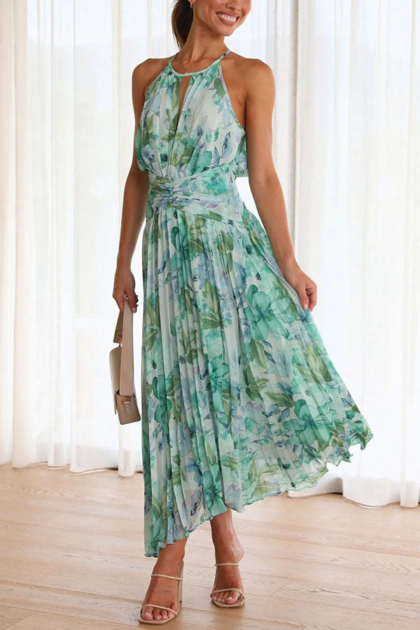 Aqua Floral Print Halter Cutout Neck Pleated Maxi Dress