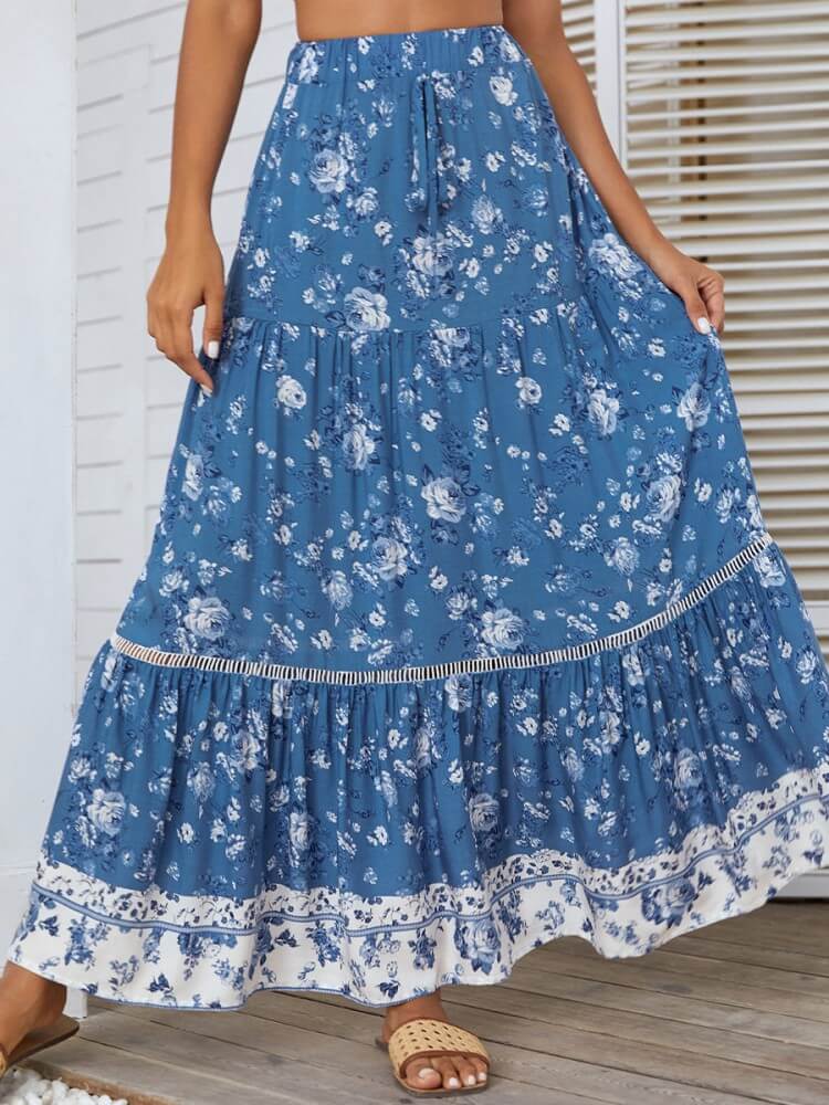 High Waist Eyelet Detail Skirt In Blue