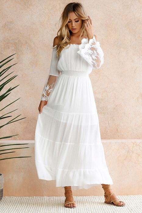 Shoulder Maxi Dress: Embroidered Off Lace Flared Sleeve