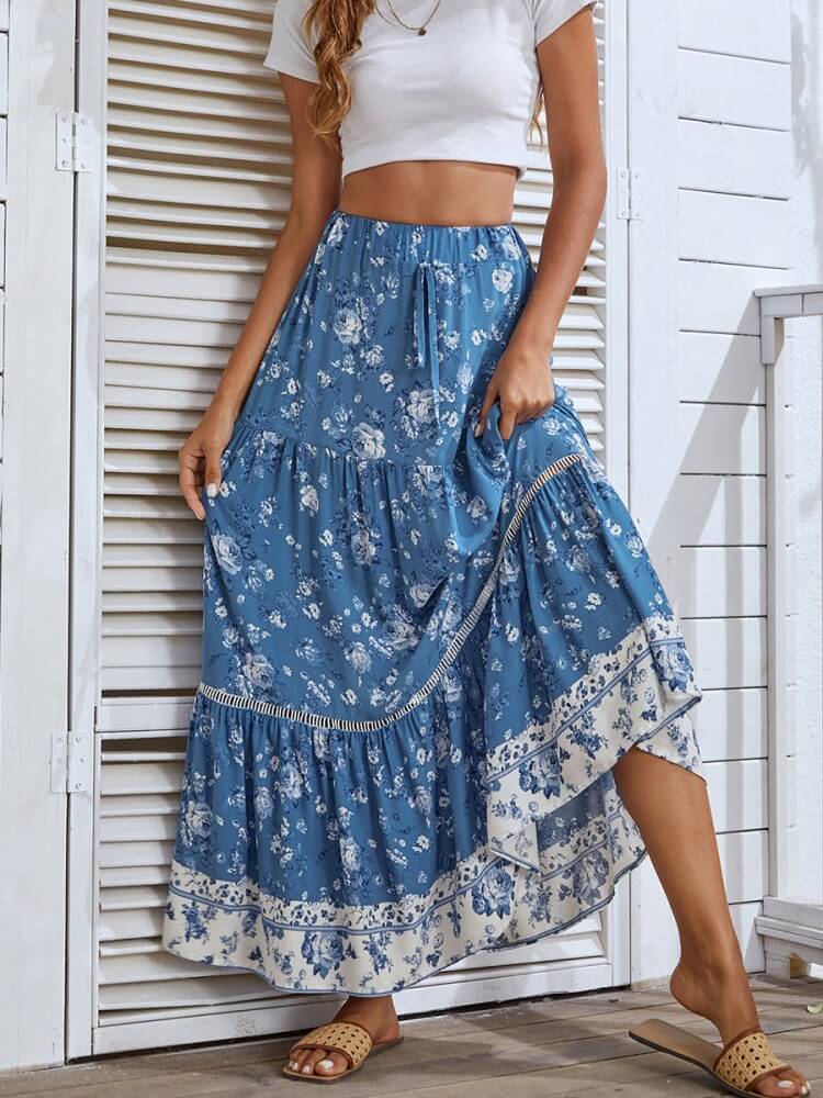 High Waist Eyelet Detail Skirt In Blue