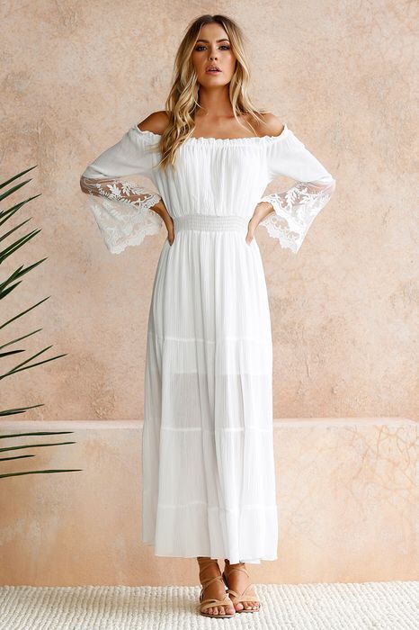 Shoulder Maxi Dress: Embroidered Off Lace Flared Sleeve