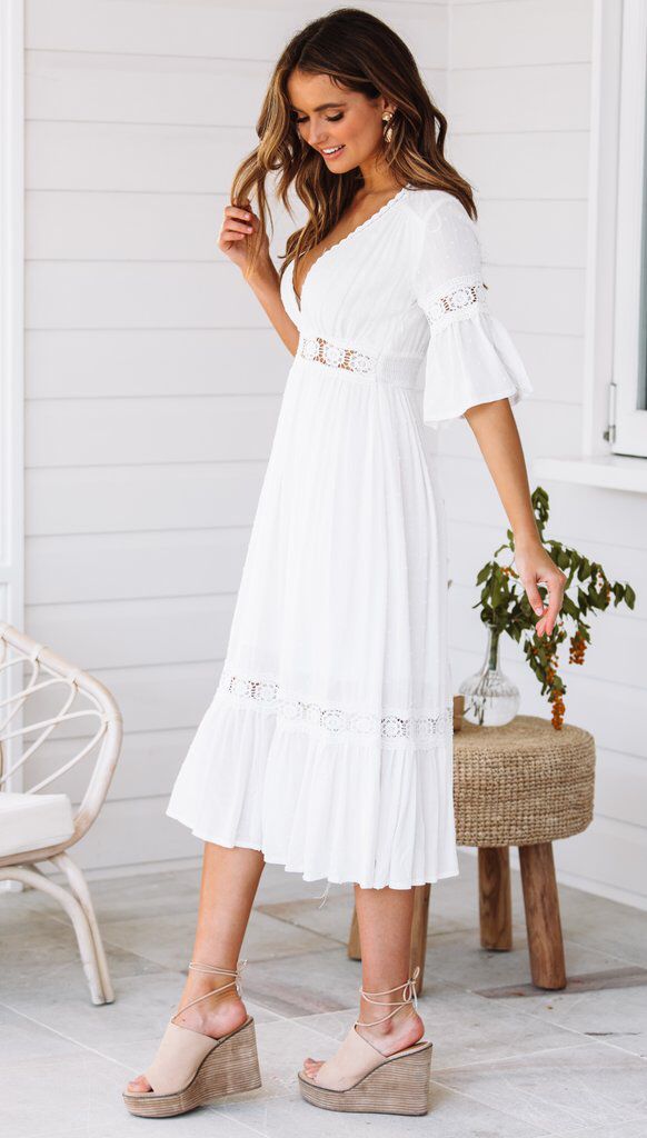 White V Neck Ruffle Hem Lace Dress