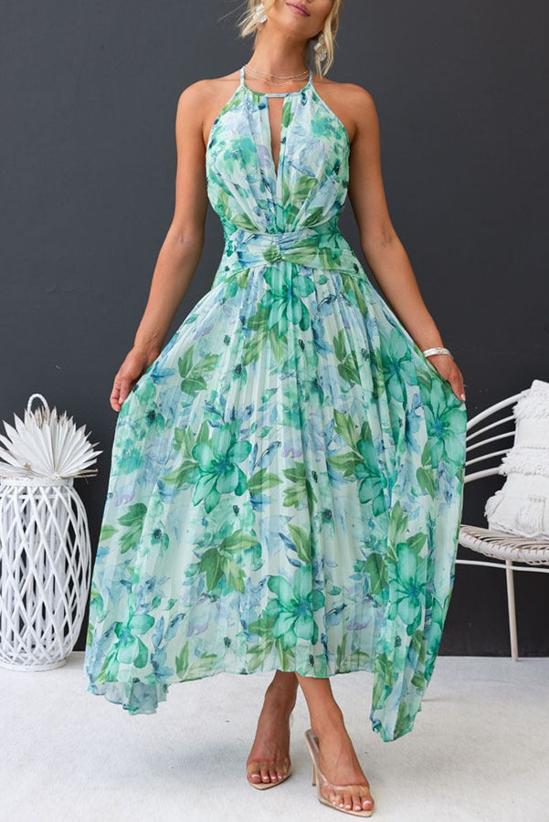 Aqua Floral Print Halter Cutout Neck Pleated Maxi Dress