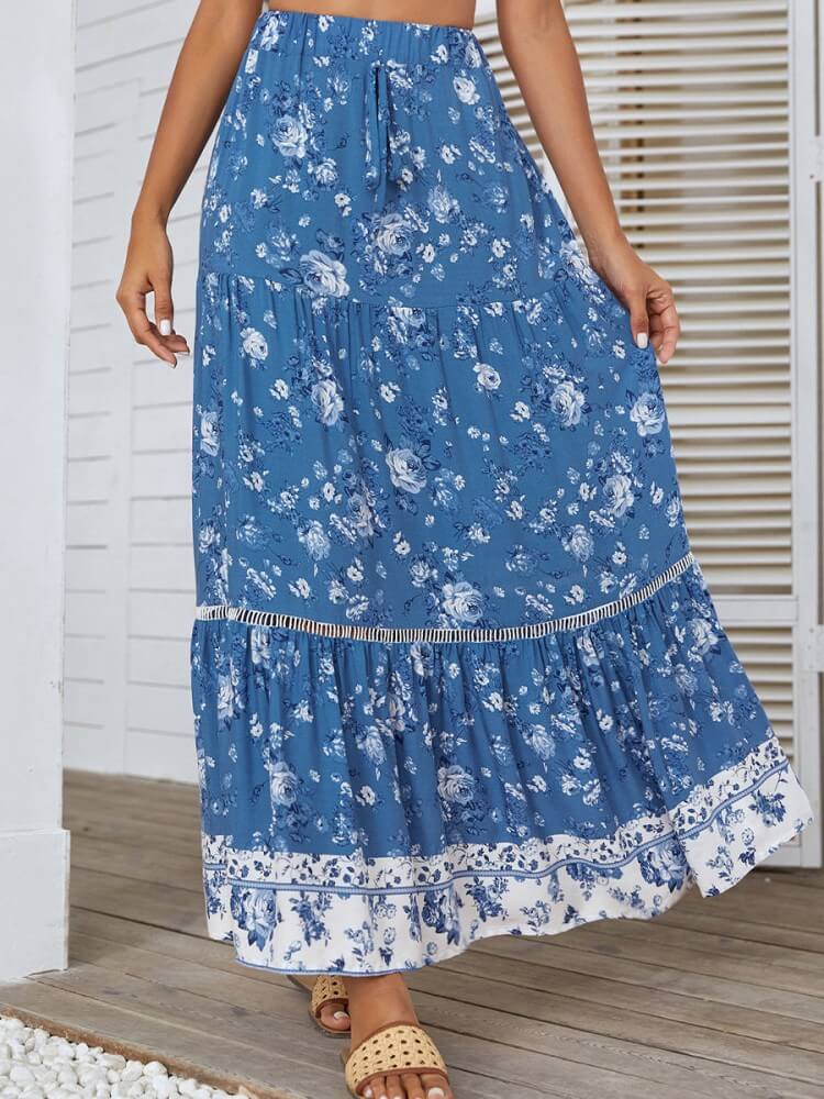 High Waist Eyelet Detail Skirt In Blue