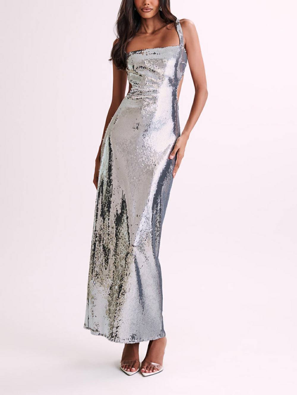 Sequin Cut Out Maxi Dress - Silver