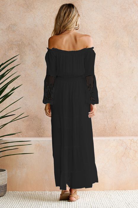 Shoulder Maxi Dress: Embroidered Off Lace Flared Sleeve