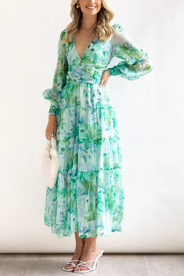 Painted Inspiration Floral Balloon Sleeves Maxi Dress