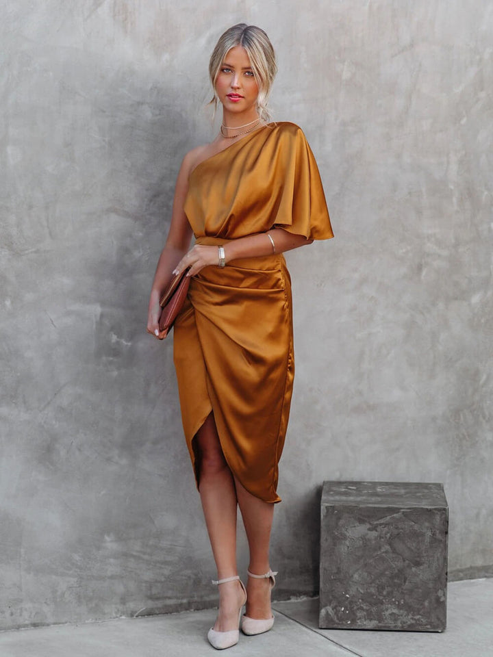 One Shoulder Midi Dress: Drape Asymmetric