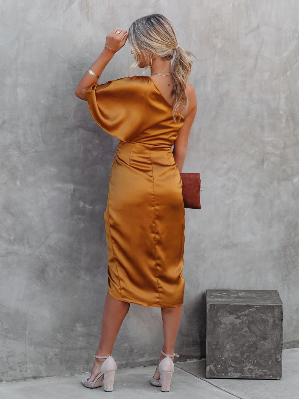 One Shoulder Midi Dress: Drape Asymmetric