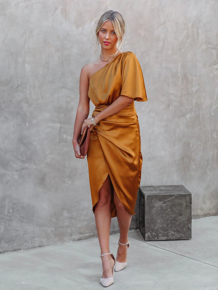 One Shoulder Midi Dress: Drape Asymmetric