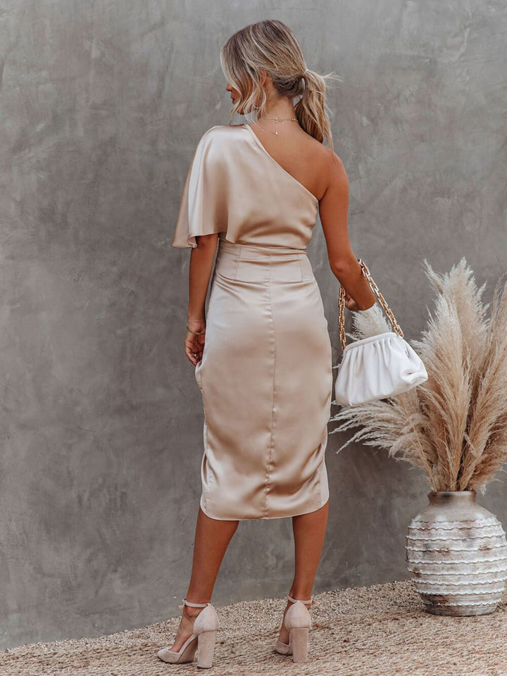 One Shoulder Midi Dress: Drape Asymmetric