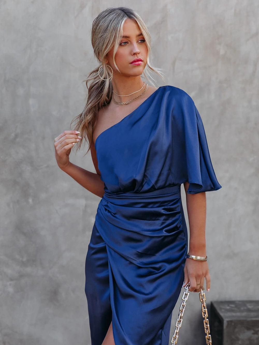 One Shoulder Midi Dress: Drape Asymmetric