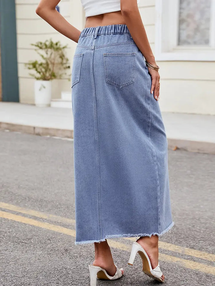 Washed Asymmetrical Denim Split Skirt