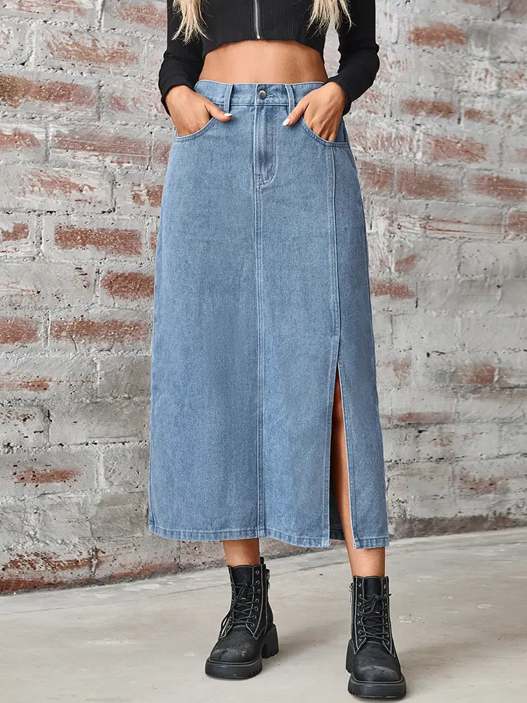 Elastic Waist Split Denim Skirt