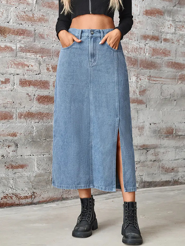 Elastic Waist Split Denim Skirt